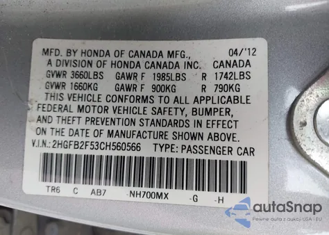 2012 Honda Civic Lx from USA, damaged, VIN 2HGFB2F53CH560566